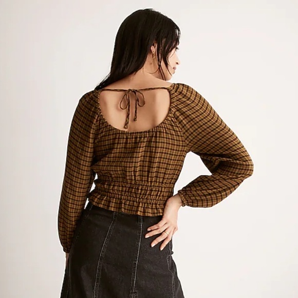 Madewell gingham top Tie-Back Cutout long sleeve in Plaid Spiced Olive xxs - Picture 4 of 11
